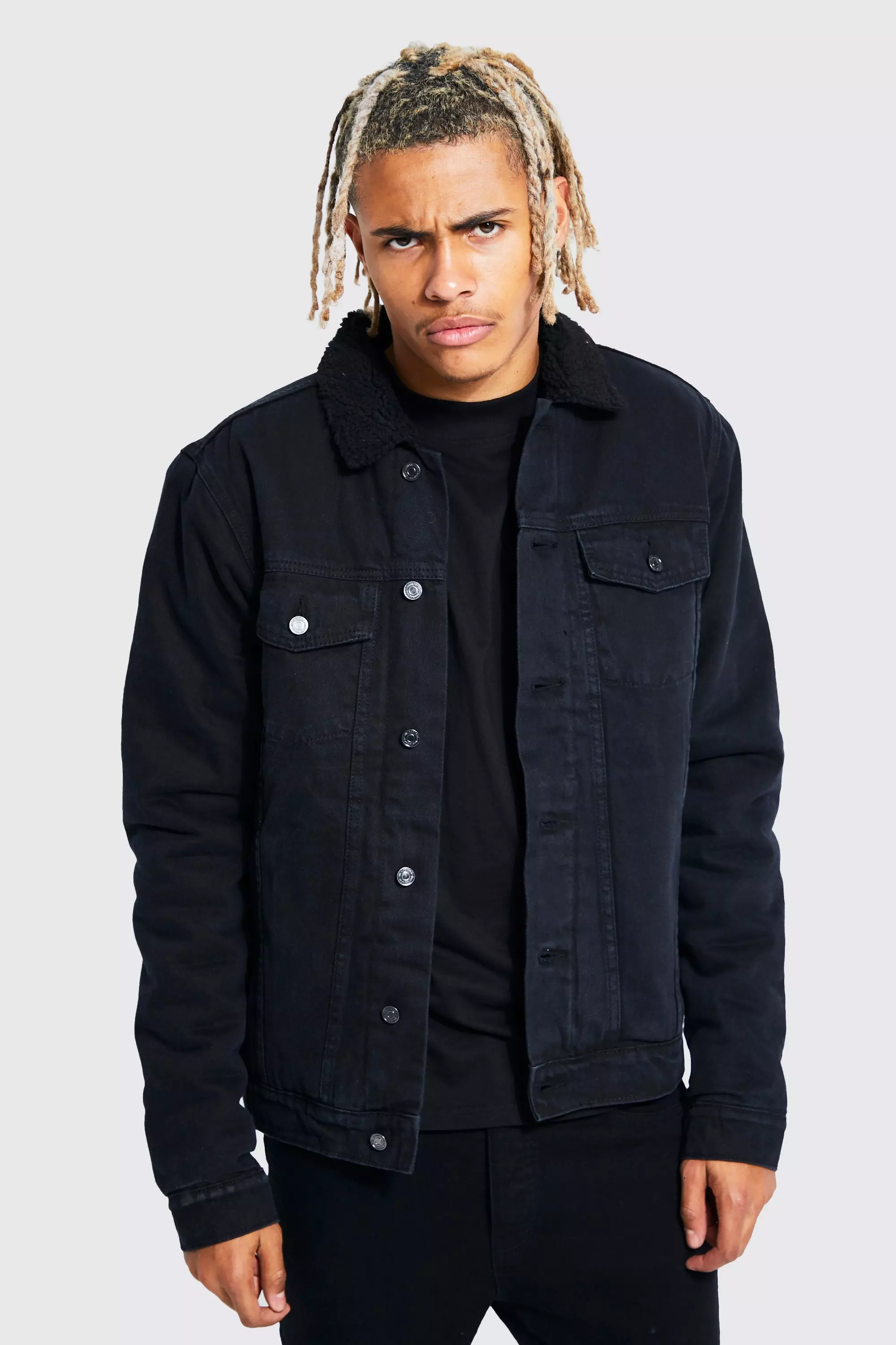 Mens black denim borg hot sale jacket